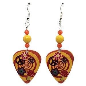 Hippie Peace Sign Mushroom Flowers Guitar Pick Beaded Earrings Handmade USA New